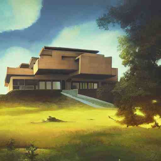 modernist house inspired by a tibetan palace, on a green hill between big trees, colorful clouds, dramatic lighting, artstation, matte painting, raphael lacoste, simon stalenhag, frank lloyd wright, zaha hadid 