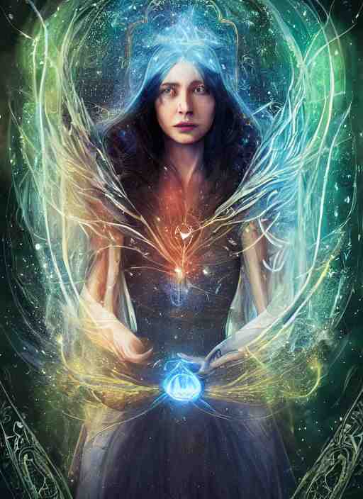 in the style of throne of glass book cover, female magician casting a spell with fireballs in her hands, blue and green magic lights aura, a portal with elvish symbology opened, d & d, fantasy, highly detailed, digital art, trending on artstation, smooth, sharp focus, illustration, art by artgerm and hirokazu yokohara, greg rutkowski, alfonse mucha 