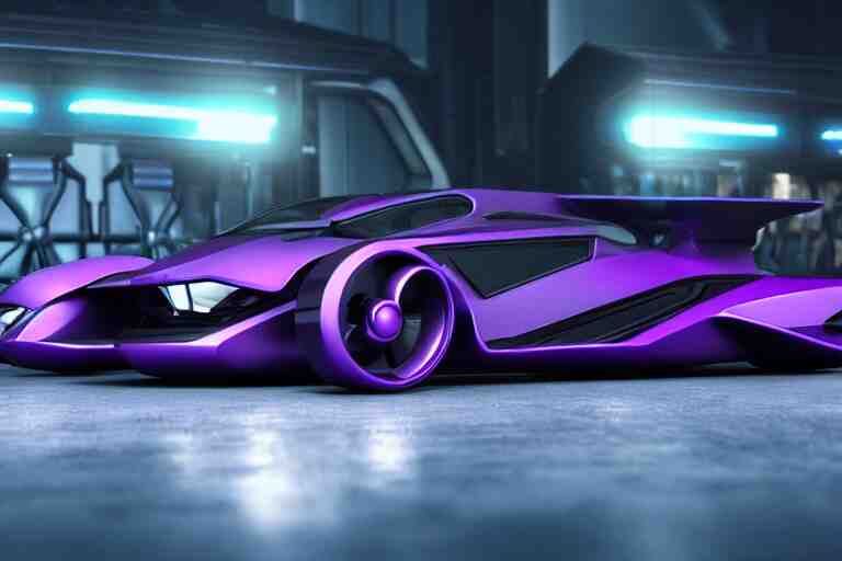 cyberpunk purple batmobile concept inspired sports car, futuristic look, highly detailed body, very expensive, photorealistic camera shot, bright studio setting, studio lighting, crisp quality and light reflections, unreal engine 5 quality render 