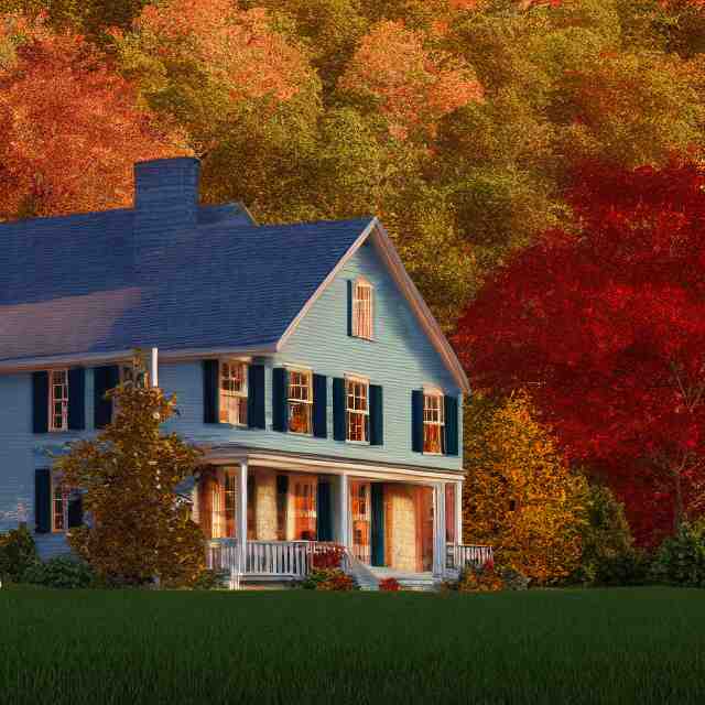 realistic wooden colonial new england house, maple tree in yard, large chimney, lights on inside, fall foliage, vermont mountain background, light cinematic, volumetric, realistic, cinematic lighting, ray tracing, unreal engine 5, octane render, hyper realistic, 8 k 