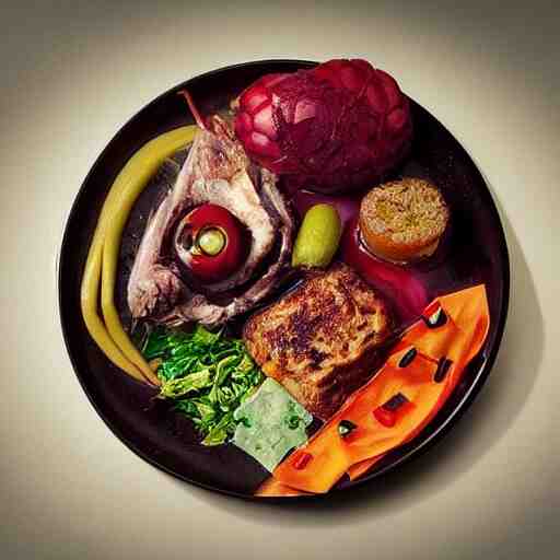 a meal of strange and disgusting, but also futuristic designer food, food photography