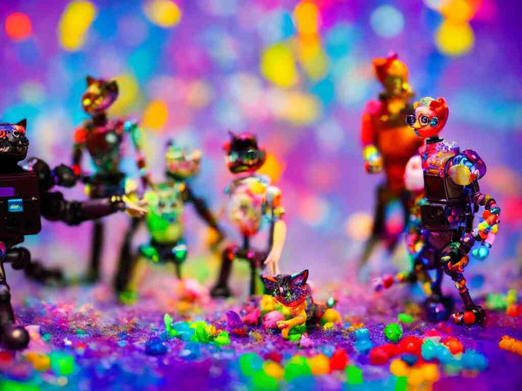 a cinematic film still of a claymation stop motion film, a gay mage and his artist boyfriend in a colorful glass universe, making robotic kittens, shallow depth of field, 8 0 mm, f 1. 8 