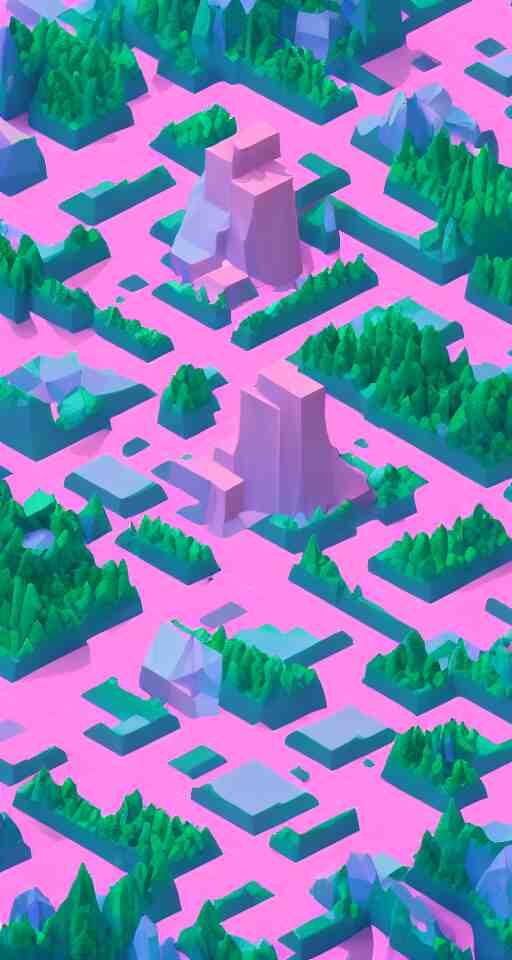 a cute little matte low poly isometric cherry blossom forest island, pink waterfalls, mist, lat lighting, soft shadows, trending on artstation, 3d render, monument valley, fez video game,