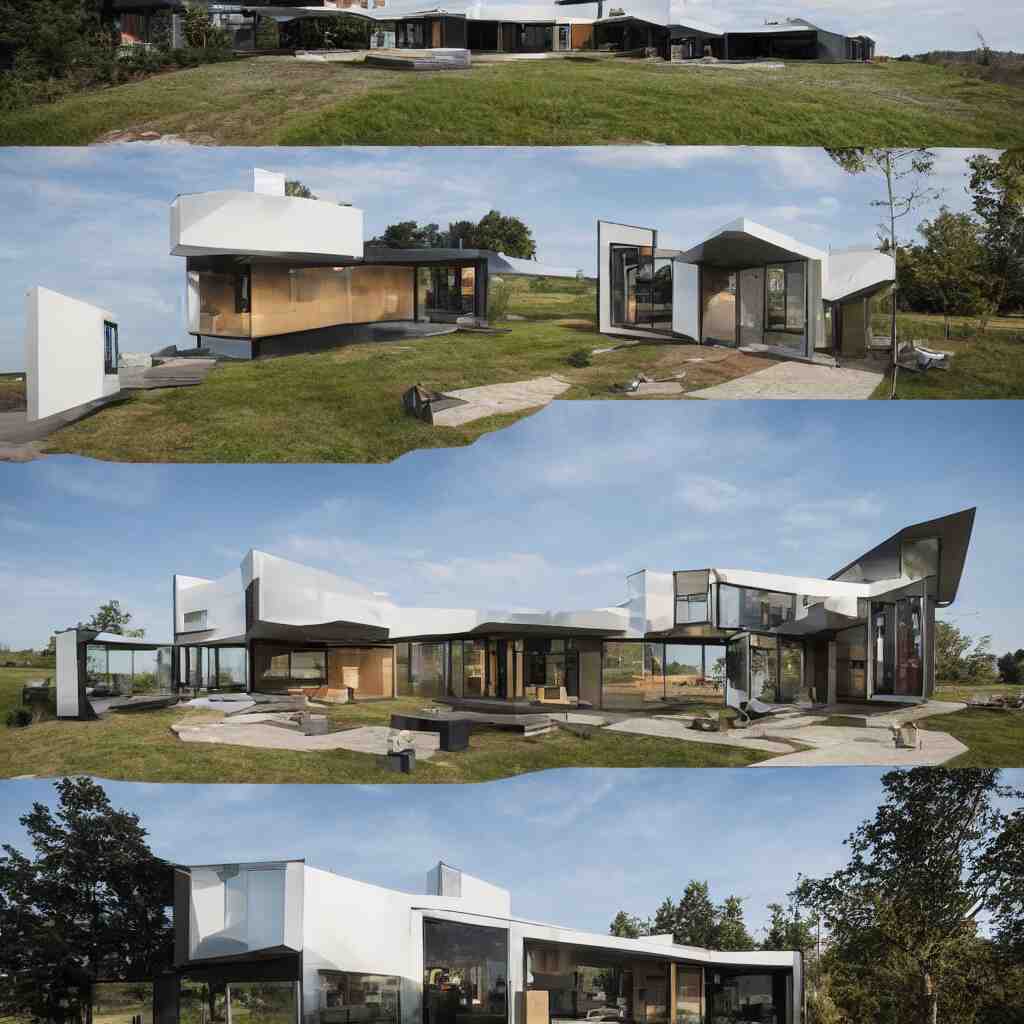 hybrid modern home mixed with a drone, a drone home, hovering over a field 