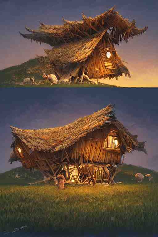 an awesome twilight day concept art of old hut standing at giant hen's legs, by kengo kuma and wes anderson with village, mixed development, cgsociety, fantastic realism, artstation hq 