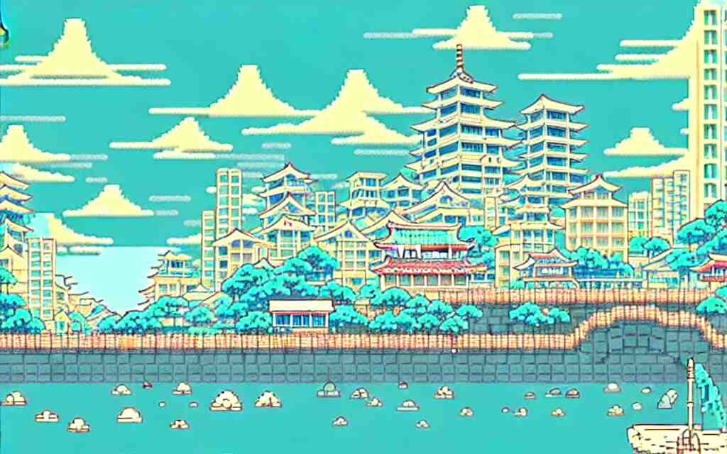 a japanese city near the sea, lofi, dreamy, moody, anime inspiration, ghibli vibe, pixelart 