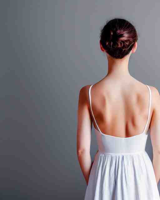 watercolor picture of a beautiful young woman in white dress, from the back, looking at the camera, high key, 8k