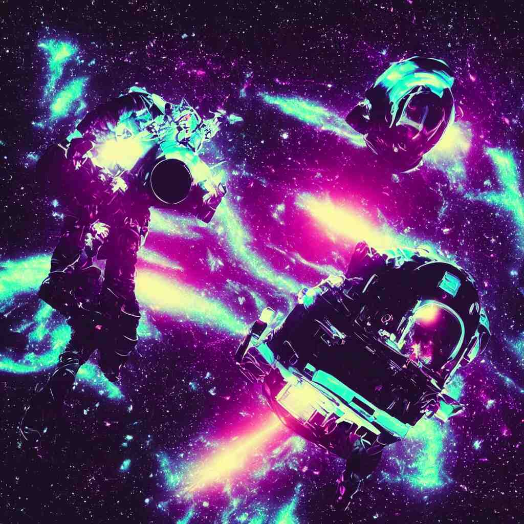 astronaut sucked into blackhole synthwave, glitchy, reflective, holographic, neon 