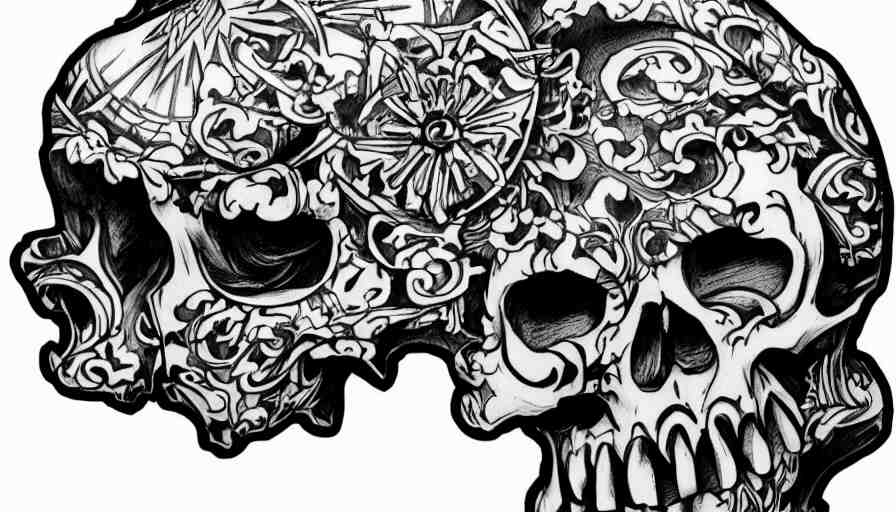 highly detailed skull, Japanese ornament, tattoo ink sketch, isolated on white background