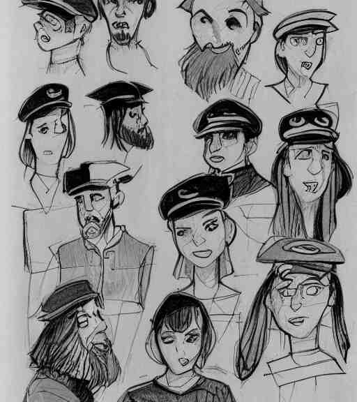 full page scan of many character design sketches. young man,  young mother, man with beard. Everyone has pale grey eyes. sailor caps, German, tapa, simple clothing.  in the style of Jillian Tamaki and Richard Corben. costume designs, pleasant faces, nature colors