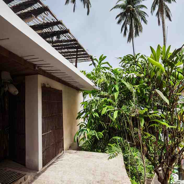 idyllic town house on a quiet street in lagos, tropical architecture with sun shading and pergolas, modernist african building, contemporary architecture, architectural photography, canon eos r 3, telephoto lens, sigma 5 0 0 mm f / 5, iso 2 0 0, 1 / 1 6 0 s, 8 k, raw, unedited, in - frame 