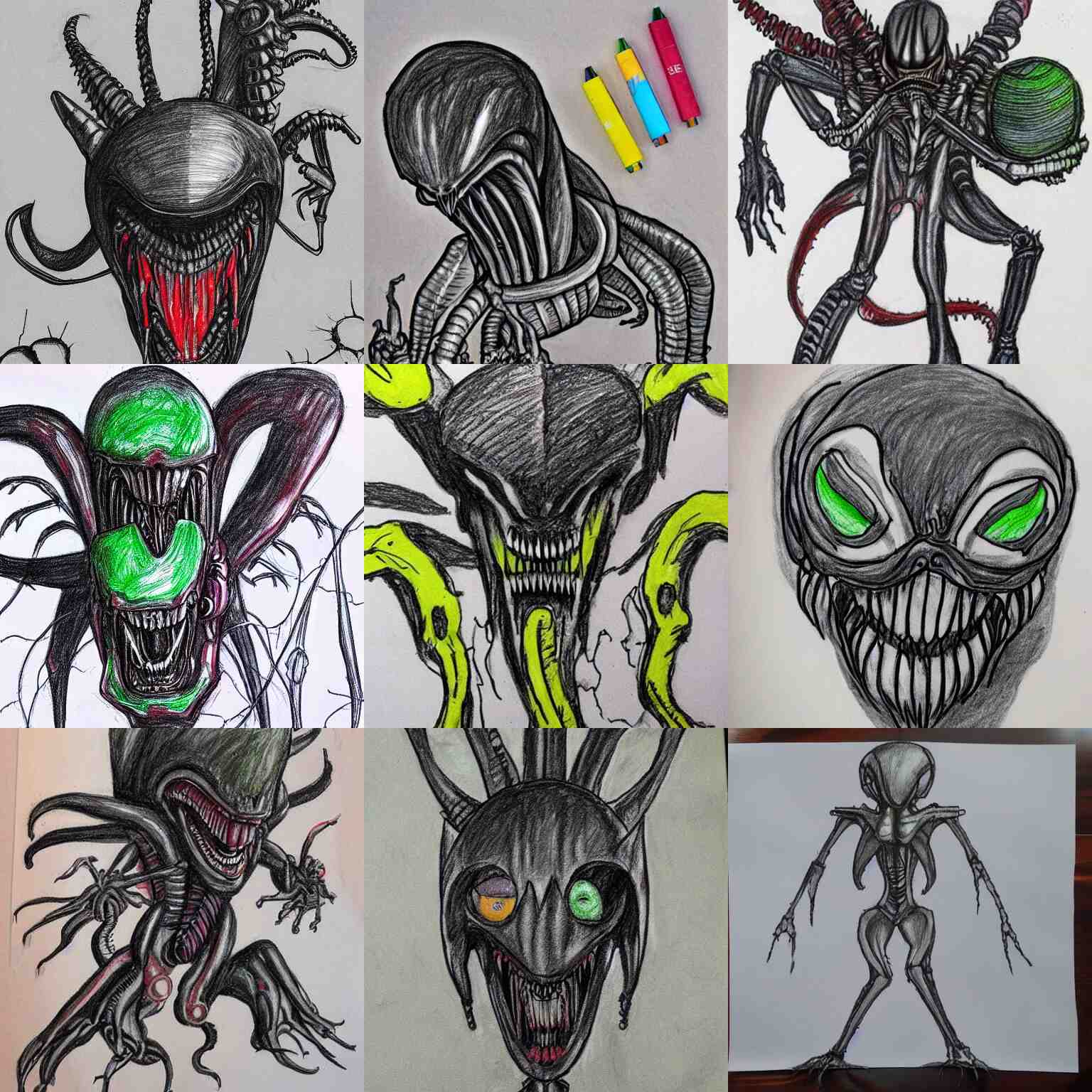 the new aliens xenomorph creature, designed by a 3 rd grader, crayon, children ’ s drawing, crude, rudimentary, 