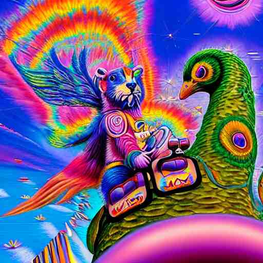 bear riding on a giant peacock through the realms of dmt mario cart race track, painted by lisa frank, alex grey and tim hildebrandt, hyper realism, highly detailed, lsd, psilocybin, sharp focus, sharp contrast, 8 k 