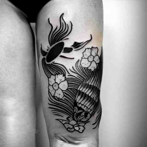 black and white tattoo, koi fish, japanese traditional style, camelia flowers, stylized, 