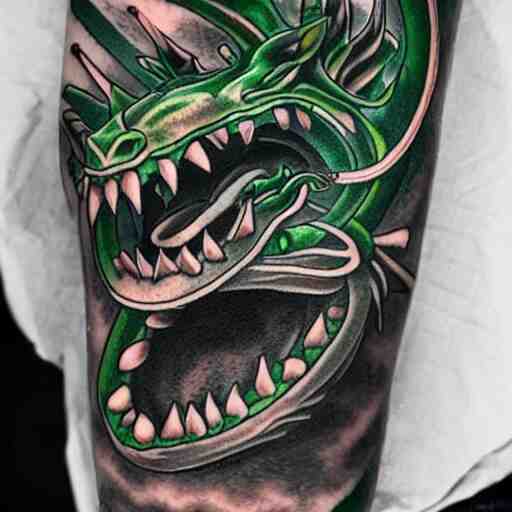 forearm tattoo of a spiraling dragon with a green emerald in its mouth, dark and vibrant forearm tattoo