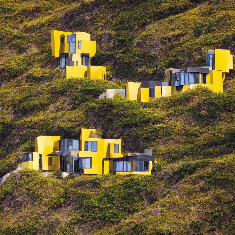 a tiny flat horizontal house on a cliff, designed by Frank Gehry. Big tiles. Small wooden pathway . Film grain, cinematic, yellow hue