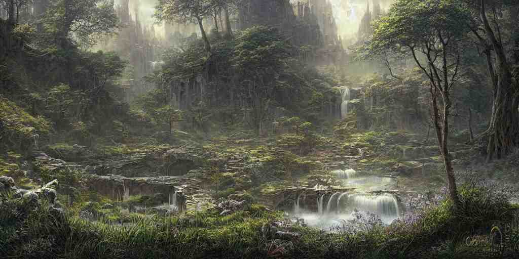 Fantastical open landscape by Ted Nasmith, elven city, pools of magical water, digital painting, concept art, landscape