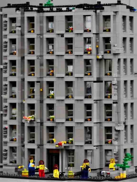 detailed lego!!!!!!!!!! miniature diorama!!!!!! a soviet residential building!!!!!!!!!, brutalism!!!!!! architecture, lights are on in the windows, car parking nearby, elderly man passing by, dark night, cozy and peaceful atmosphere, fog!!!!!!!, cold winter, snowing, streetlamps with orange light, several birches nearby 