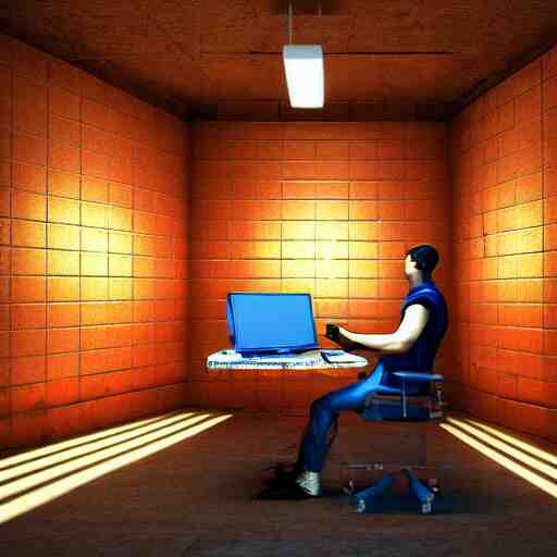 cinema 4D vibrant render, ultra detailed, of a person inside a jail cell sitting with a desk and CRT monitor, coding, matrix, cyber, screens and monitors, computer parts, open stack of books, 4K concept art, detailed, brick walls, vibrant setting, cinematic lighting, light shining through the jail cell, casting shadows, trending on art station, old computer monitor, stressful, working, hyper realistic, ultra detailed, unreal engine, 8K post production