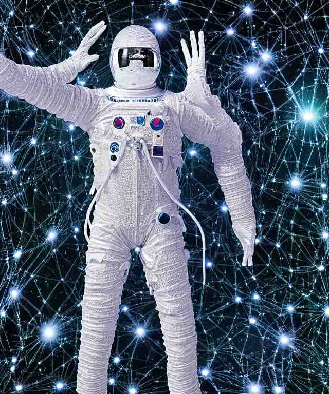 realistic extremely detailed  photo style  painting of a complete astronaut suit with exposed diamond 3d fractal lace iridescent bubble 3d skin clear brain+ one hand holding a glowing sparkle plasma spear and multiple chest  arm and legs chelate appendages and in a jumping float Pose
inside a  room made of black diamond iridescent fractal lace bubble materials,
monolithic retro futuristic ,water , by style hybrid mix of beeple+Anton Pieck+Jean Delville+ Amano,Yves Tanguy+ Alphonse Mucha+ Ernst Haeckel+ Edward Robert Hughes+Stanisław Szukalski , 
rich moody colors,diamond dust glitter and sparkles, holographic krypton ion,blue eyes,octane render,4k,
f32,55mm photography,wide angle ,jumping float Pose,full shot,full grok  