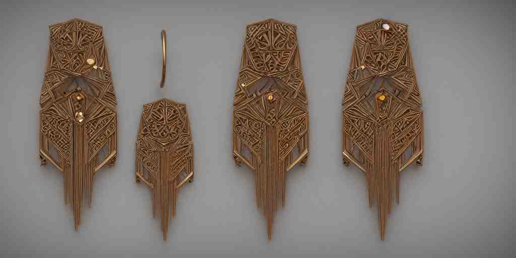 earring design, jewelry design, wood, nordic, art deco, intricate, elegant, material, product design, trending on artstation, cgsociety, photo realistic, design by ziva cph and isabel lennse and kalevala, 8 k, unreal engine, c 4 d 