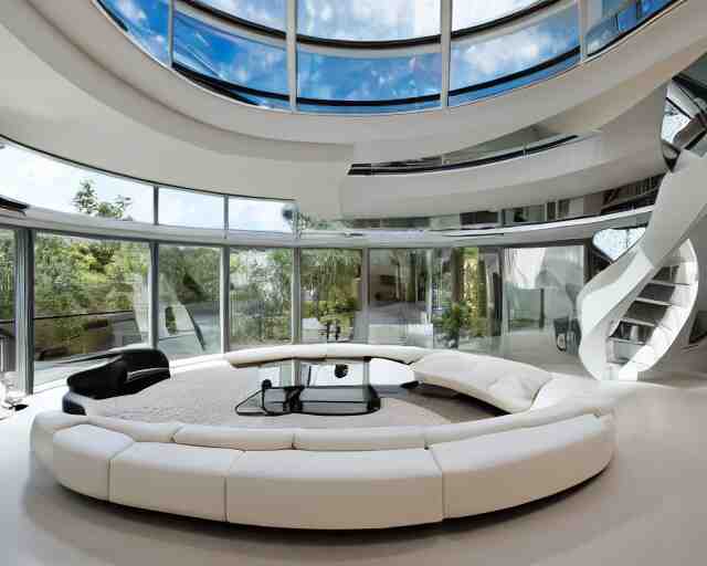 A futuristic living room with floor to ceiling glass windows on the left and curved wooden stairs going upstairs on the right, two white sofas with a white marble table in the center of the living room, stairs to the second floor, in a large glass dome, 8k resolution, professional interior design photograph, wide angle photograph