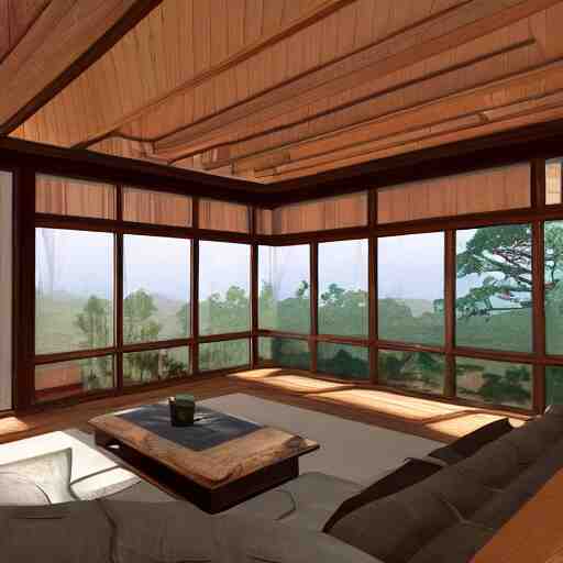 Peaceful wooden mansion, unreal engine 5 tech demo, zillow interior, living room, cozy, Frank Lloyd Wright