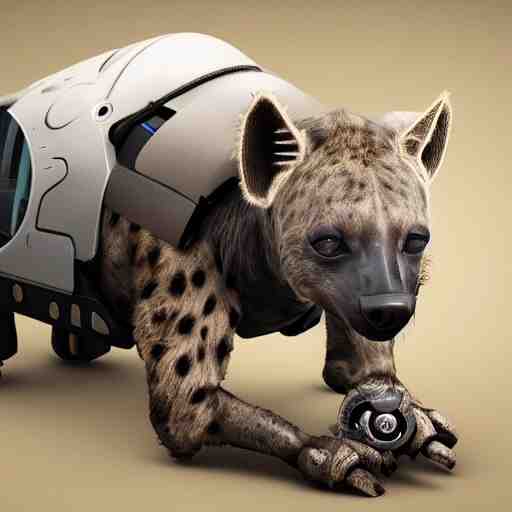 pet robot hyena, cyborg with exposed wires and metal, lights, camera lenses for eyes, realistic high quality concept art 