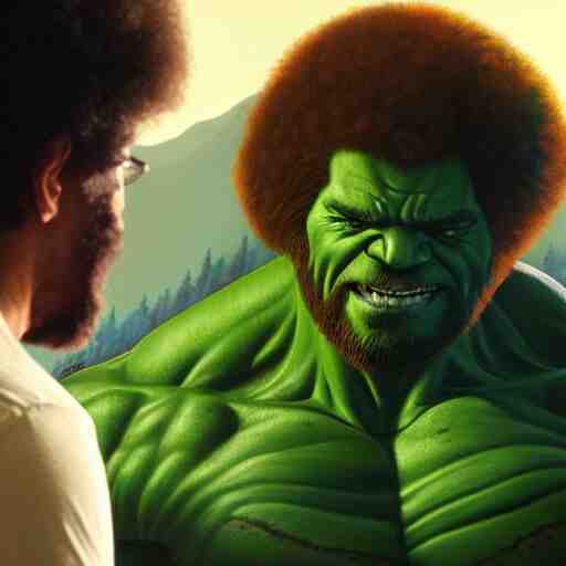 a closeup photorealistic photograph of bob ross working on a canvas painting of hulk. film still. brightly lit scene. mountains and trees. this 4 k hd image is trending on artstation, featured on behance, well - rendered, extra crisp, features intricate detail, epic composition and the style of unreal engine. 