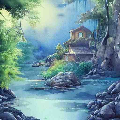 beautiful happy picturesque charming sci - fi organic homes in a beautiful natural scene. water, trees and rocks. beautiful light. soft colour scheme. beautiful artistic detailed watercolor by lurid. ( 2 0 2 2 ) 