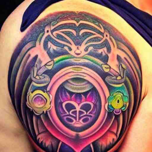 shoulder tattoo of a meditating cute bush baby, eyes are sparkeling rainbow spirals, glowing multicolored chakra symbols, surrounded with colorful lotus leaves, insanely integrate 