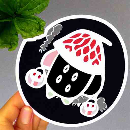 hand holding cartoon diecut sticker of cute kawaii watermellon slice with white border and light gray background