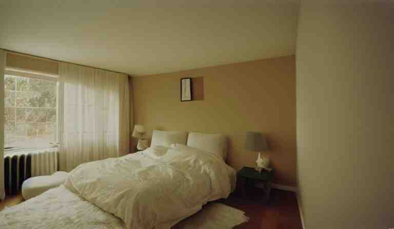 A bedroom designed by Peter Saville, 35mm film, long shot