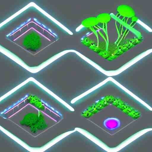 concept 2 d game asset, isometric staircase blocks, organic isometric design, bioluminescent alien - like plants inspired by the james cameron's avatar's alien nature. we can see alien plants glowing in the dark arround the isometric itens has colorful neons cyan, orange mooth median photoshop filter cutout vector 