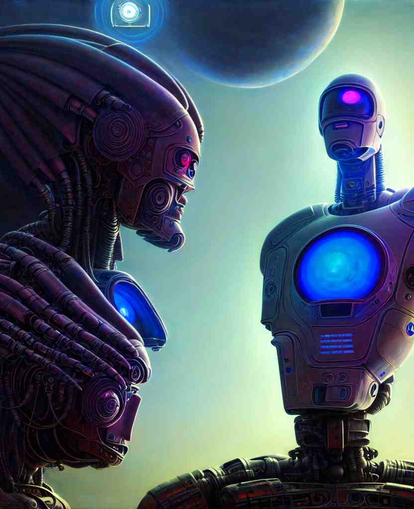 cinematic portrait of one robot, faded colors, exotic alien features, cyber background, tim hildebrandt, wayne barlowe, bruce pennington, donato giancola, larry elmore, masterpiece, trending on artstation, featured on pixiv, zack snyder, cinematic composition, beautiful lighting, sharp, details, hyper - detailed, hd, hdr, 4 k, 8 k 