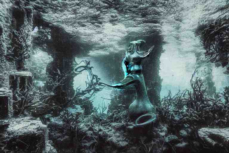 analog photograph of underwater ruins with a mermaid and kelp, deep azure tones, film grain, color bleed, bokeh, depth of field, by ansel adams, ruan jia