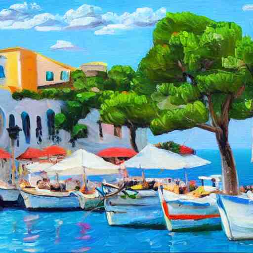 small cafe in italy, capri coast, sea, sunny day, summer, clouds on the sky, oil painting style, 