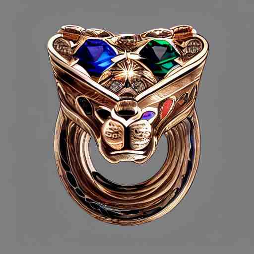 sketch of four points of view of a complex ring with a complex cameo ornament of a panther, technical sketch, rose gold, gems, high coloration, ambient lightning, highly detailed, 8 k 