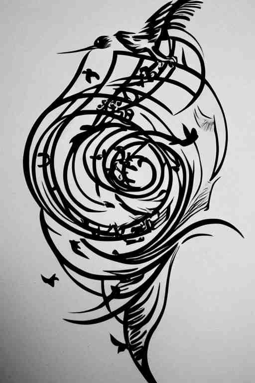 a simple tattoo design of birds flying in spirals, black ink, logo 