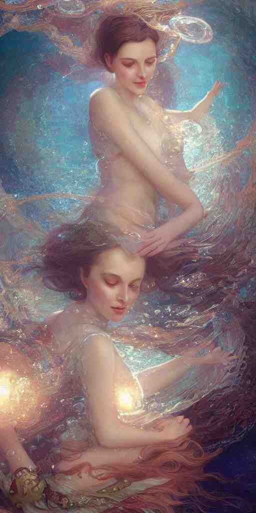 hyper realist matte digital painting of a beautiful woman, floating in water, bubbles rising, fantasy art, photo realistic, dynamic lighting, artstation, volumetric lighting, by mucha, by charlie bowater, by karol bak, by alma tadema 