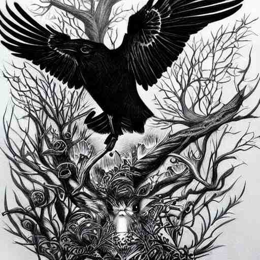 surreal image depicting a raven combined with a deer and an owl but is also actually a window into the ocean. Fine line tattoo art. dark fantasy, intricate detail.