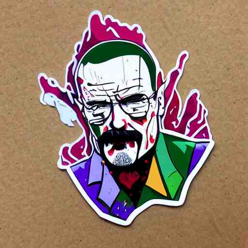 die cut sticker, walter white wearing the joker outfit, splatter paint 