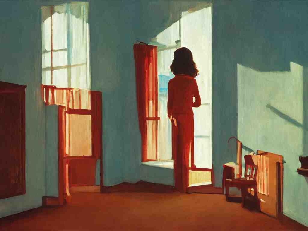 lone girl waiting inside a room, 7 0 s, stanley kubrick the shinning, american gothic, vibrant colors americana, cinematic, volumetric lighting, ultra wide angle view, realistic, detailed painting in the style of edward hopper and rene magritte 