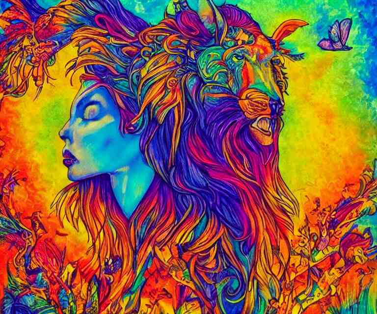 the wildest dream, vivid colors, golden hour, psychedelic art, magical creatures 