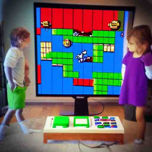 “Mario playing Super Mario on a large flat screen TV, digital art, touching, soft shadows, pop art, unreal engine”