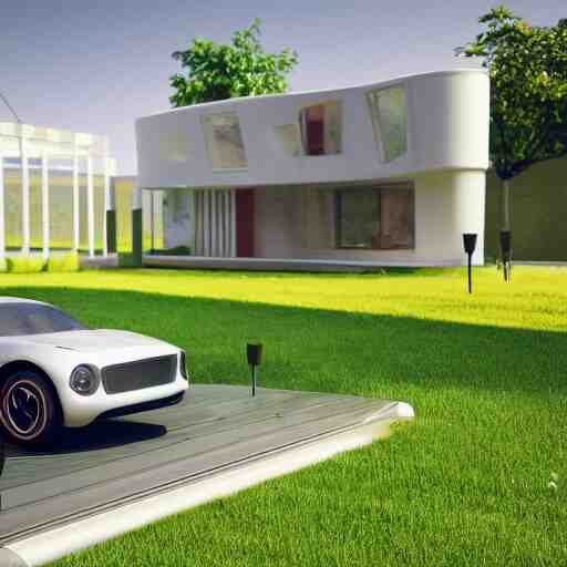 a house in the future house, retrofuturim, lawn, trees, white picket fence, futuristic flying car parked on the landing pad, realistc octane render, depth of field, soft lighting, 8k