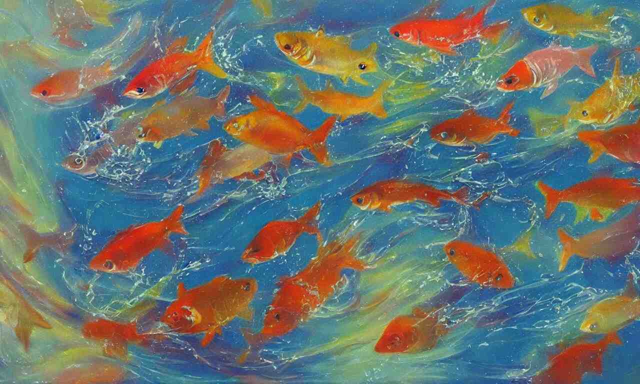 painting of splashing water, small fish, representation with abstraction, frenetic oil painting, values as flat shapes, pastel color pallet, 