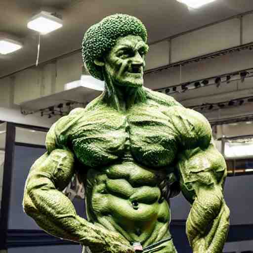 sculpture of a bodybuilder made entirely from fresh broccoli by antoni gaudi 