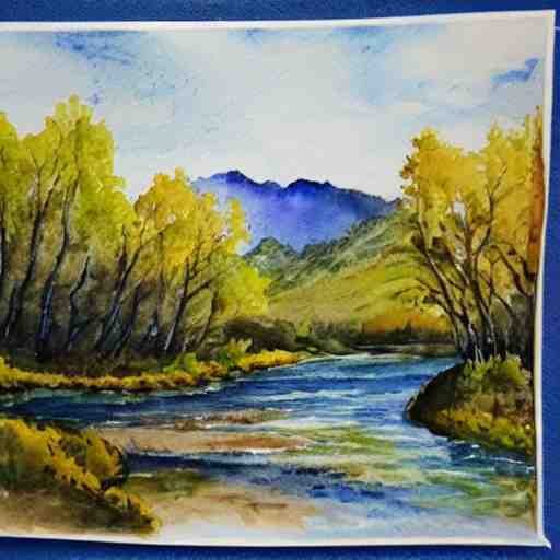 river, mountains, beautiful trees, watercolor painting 