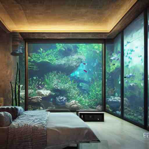 a spacious room with freshwater aquariums as walls, hyper realistic, ambient lighting, concept art, intricate, hyper detailed, smooth, dynamic volumetric lighting, octane, raytrace, cinematic, high quality, high resolution, 4 k, cgsociety, rutkowski, gurney 